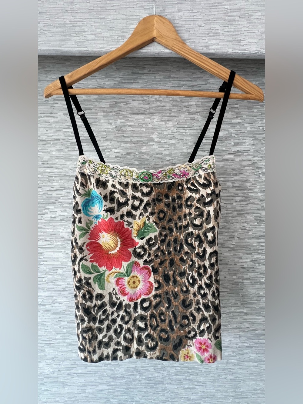 Charlotte tank top cheetah and flower print with adjustable black velvet strap